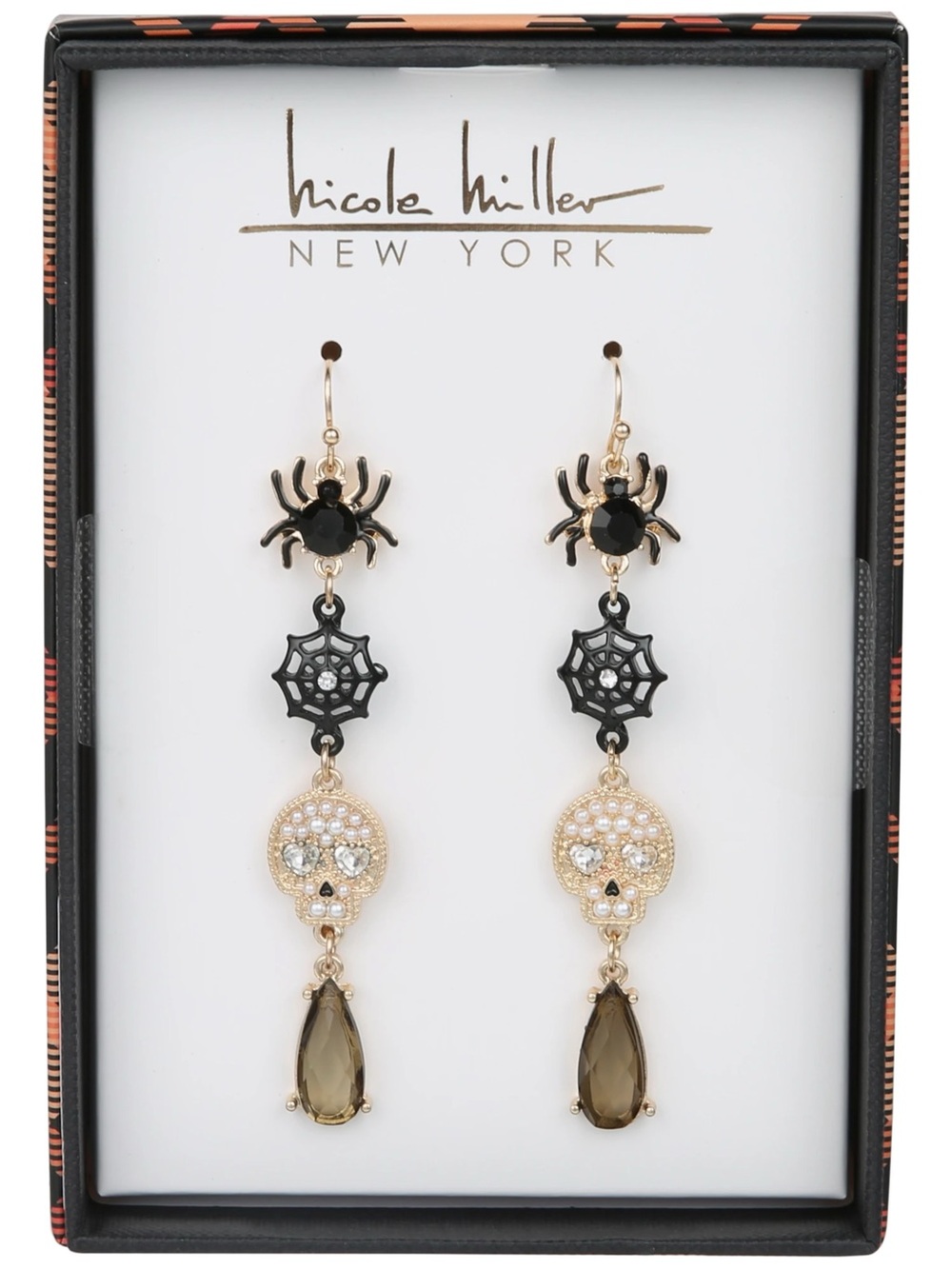. Nicole Miller Halloween Spider & Spider Web & Skull Gold/Olive Drop Earrings